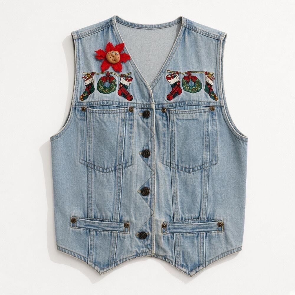 Vintage Solutions Denim Christmas Vest Medium Embroidered Stocking Wreath 90s